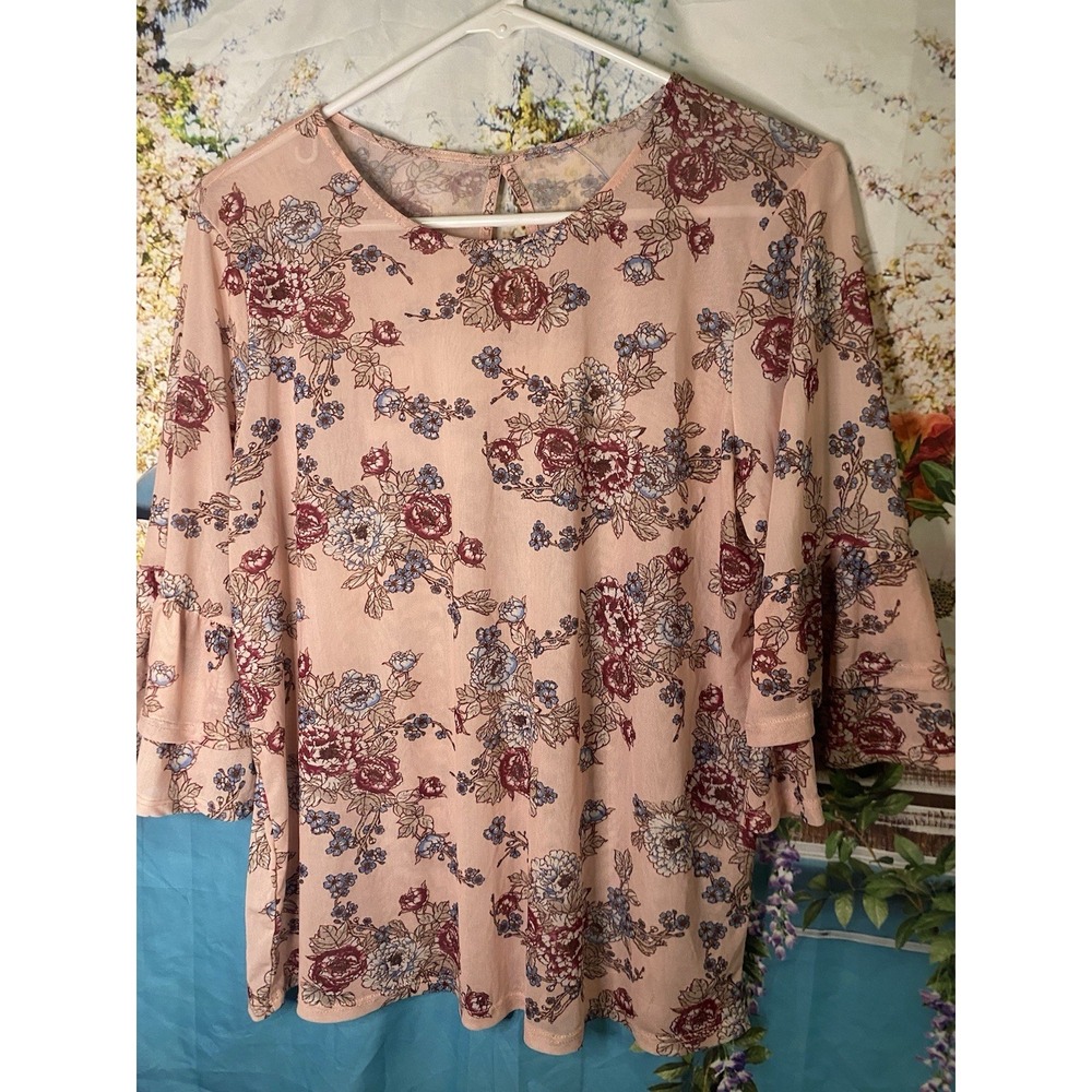 Top Shirt Pink Floral Round Neck Bell 3/4 Sleeve Sheer